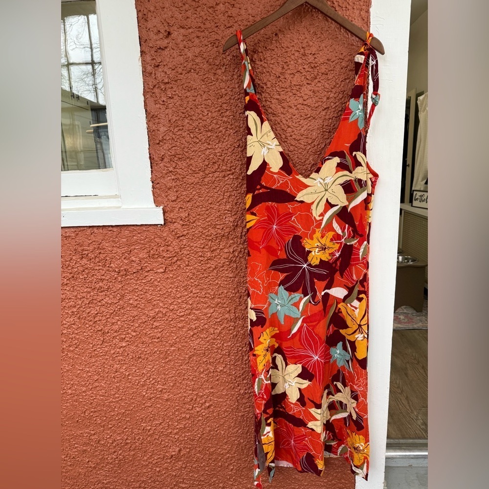 Cupshe Tropical Dress Midi Size Small Orange Swimsuit Coverup Tie Straps